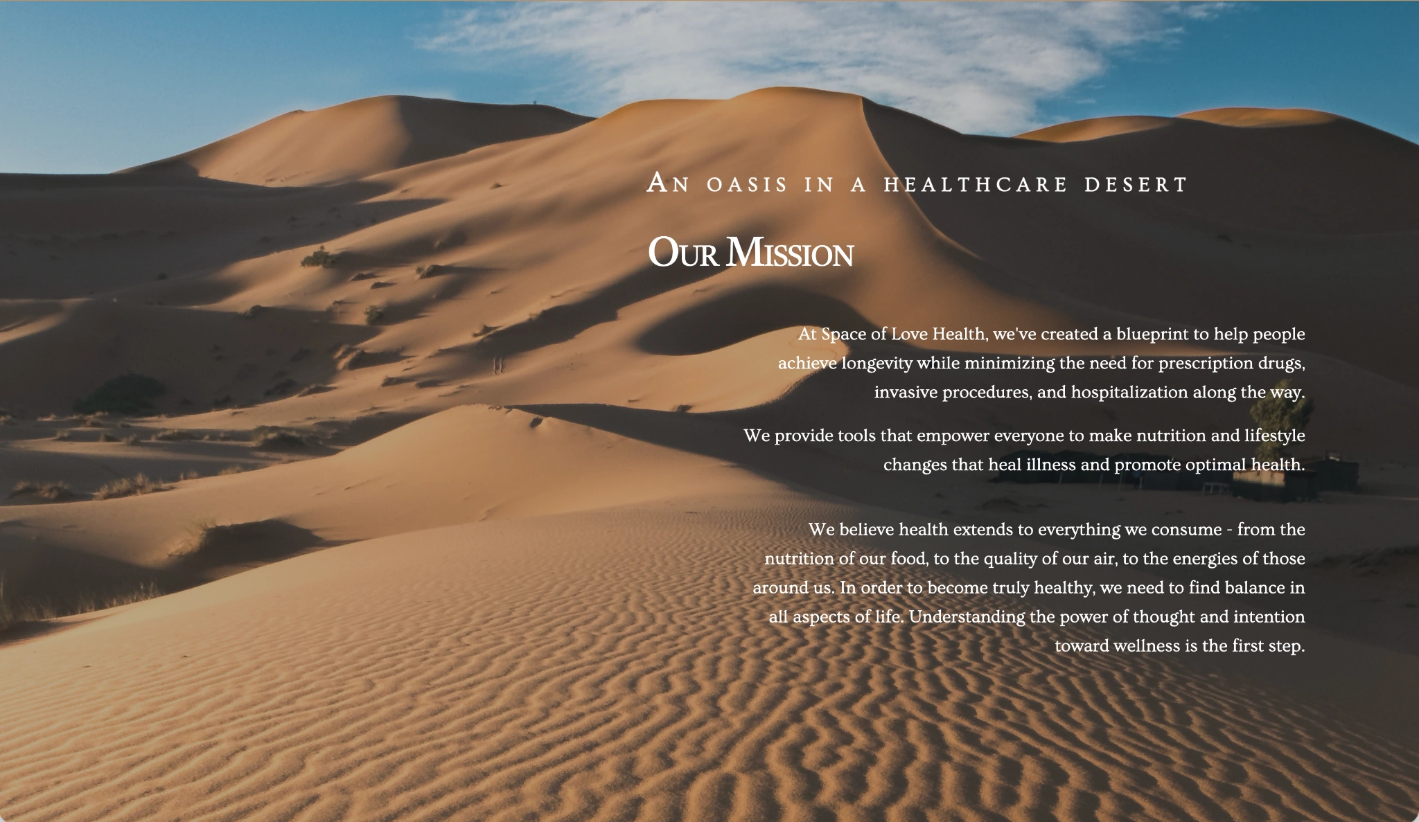Space of Love Health mission: a blueprint to help people achieve longevity while minimizing the need for prescription drugs, invasive procedures, and hospitalization, with tools for nutrition, lifestyle, and whole-person wellness.